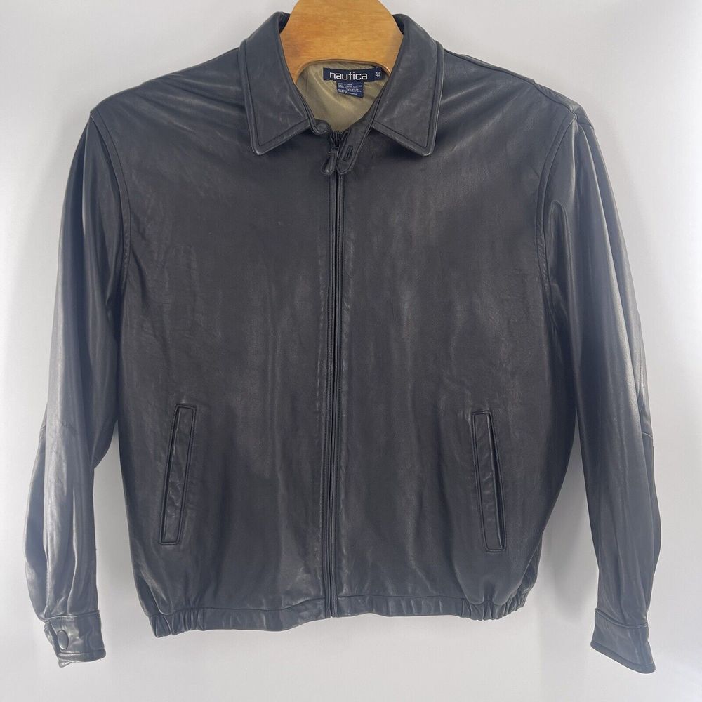Vintage 1990s Men`s Nautica Black‎ Leather Jacket Size 48